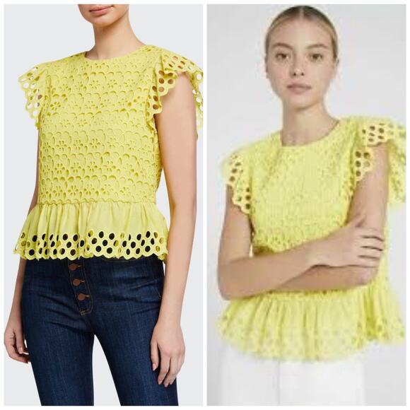 ALICE + OLIVIA Sue Embroidered Ruffle-Sleeve Top Daffodil Yellow Medium - Picture 1 of 8